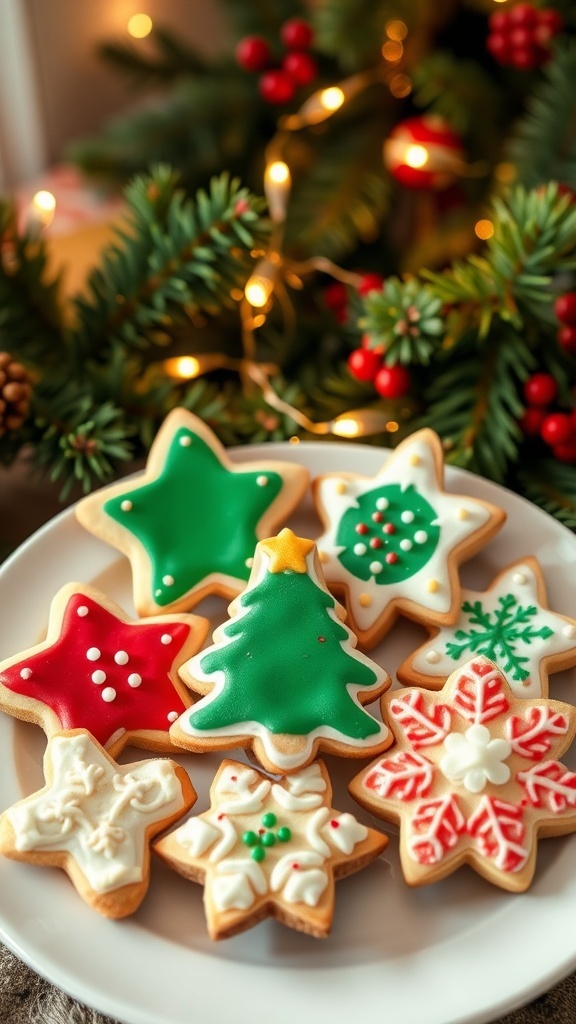 Decorated Christmas sugar cookies in festive shapes on a plate with holiday decorations.